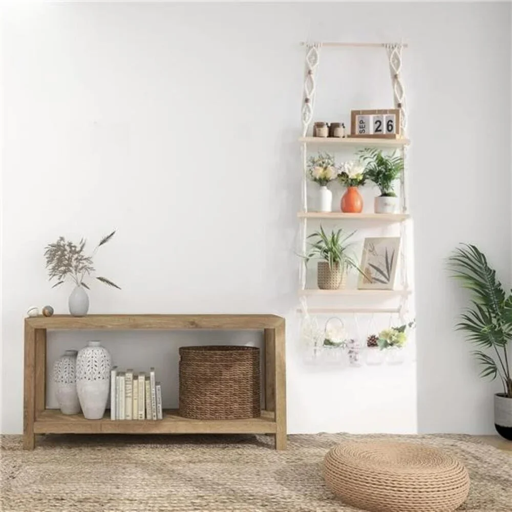 Macrame Wall Hanging Shelf 3 Tier Wood Boho Floating Shelf with Hooks Rack